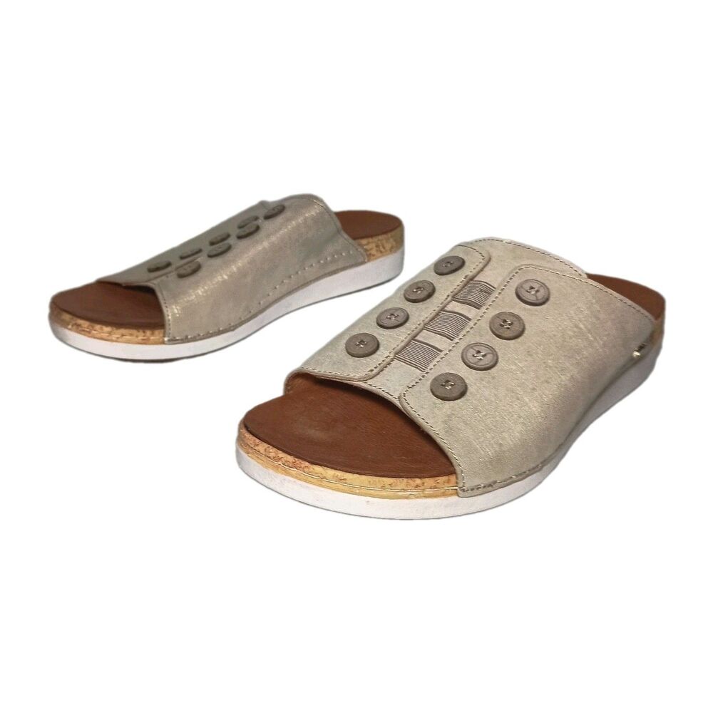 Revere Antalya-Gold Linen Leather Button Slide Sandals Womens EU 41 US